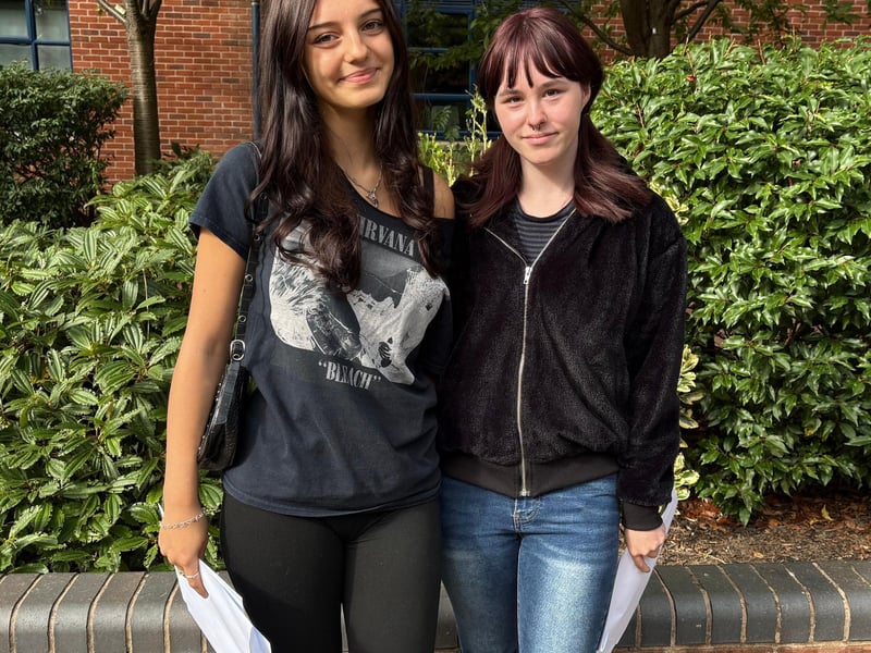 Victoria and Bella collect GCSE results at Malcolm Arnold Academy