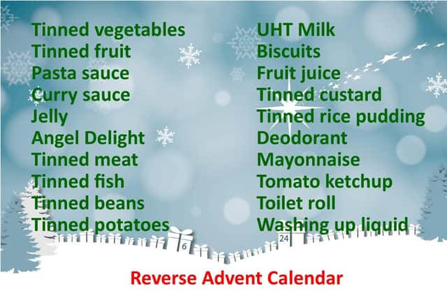 The list of items that Weston Favell Food Bank is asking for as part of its reverse advent calendar appeal.