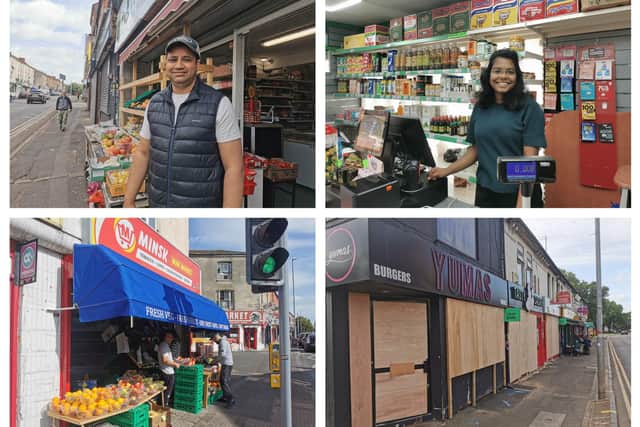 Naz Islam (top left) and Sonu Saji (top right) spoke of their relief this morning. Below are some of the scenes in Kettering Road today, as some shops opened for business while others were still boarded up from the night before. Photos: Logan MacLeod