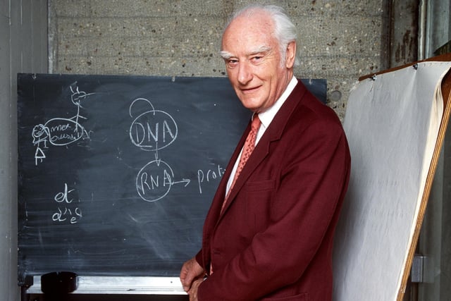 Francis Harry Compton Crick, pictured here in 1993 in front of a blackboard, explaining his work to discover the molecular structure on DNA for which he shared the 1962 Physiology and Medicine Nobel Prize with US geneticist James Dewedy Watson and Maurice Wilkins. Crick was born in 1916 in Northampton. A critical influence in Crick's career was his friendship, beginning in 1951, with J. D. Watson, then a young man of 23, leading in 1953 to the proposal of the double-helical structure for DHA and the replication scheme.