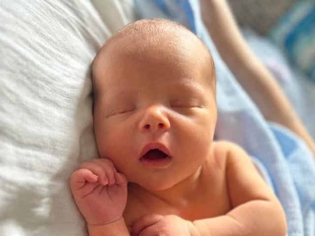 Oscar Anthony Ken born at 1.44am on August 6, weighing 8lbs 1oz. 
8.1lbs