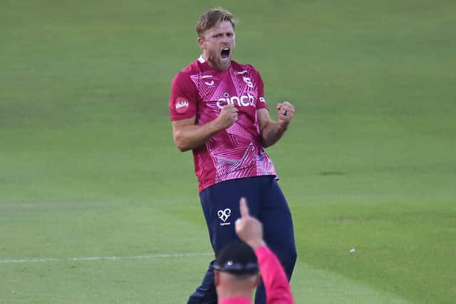 David Willey celebrates claiming the key wicket of Colin Ingram (Picture: Peter Short)