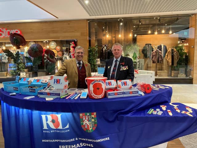 Freemasons local head Mark Constant and veteran Phil Scrannage manning the stand in Peterborough.