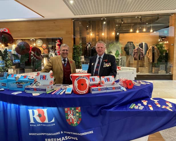 Freemasons local head Mark Constant and veteran Phil Scrannage manning the stand in Peterborough.