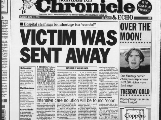 30 years ago... The Chronicle & Echo reported the shocking story of a seriously injured accident victim turned away from Northampton General Hospital due to a lack of beds, who instead had to be transported to Kettering Hospital.