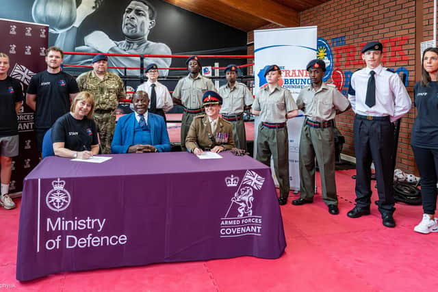Frank Bruno MBE, Major Lauren Taylor and FBF Team, supported by Sea and Marine Cadets