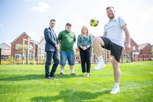 Gyorgy Dohnal, Sales Advisor at Bellway Northern Home Counties; Lewis Wright, parent of an under 10’s player at Rothwell FC Aztec; Amy Hughes, Sales Manager at Bellway Northern Home Counties; and Thomas Pike, under 9’s Head Coach at Rothwell FC Aztec.
