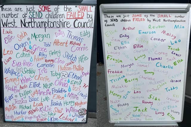 Names of some of the county's SEND children written on the whiteboards outside One Angel Square.