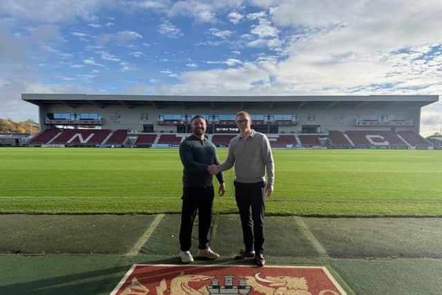 James Corrigan (left) and Daniel Crask at Sixfields Stadium, home of Northampton Town Football Club.