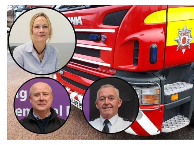 Main image (National World file picture) Inset, new interim Chief Fire Officer Nicci Marzec - top left , Stephen Mold (Northamptonshire Police, Fire and Crime Commissioner) - bottom left, and Mark Jones former Northamptonshire Chief Fire Office - bottom right. Photos from Office of Northamptonshire Police, Fire and Crime Commissioner