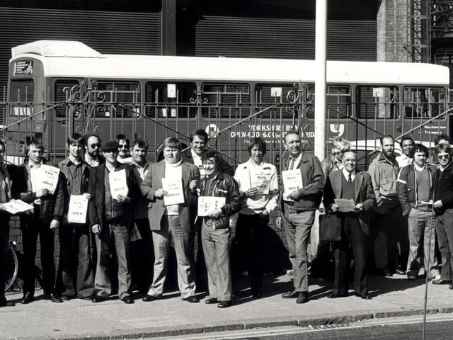 Northampton Corporation Transport employees outside the St James bus depot 1980