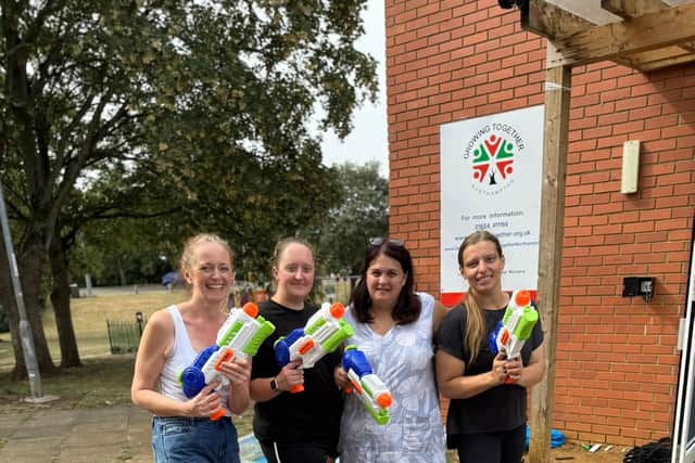 The team of staff and volunteers ready to join in the Fun at Growing Together Northampton's Water Fun Day