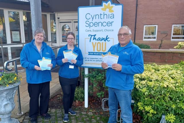 Community Fundraiser, Jenny Standen (centre) together with volunteers Sheila Anderson and David Slinn who are supporting the hospice charity’s Winter Raffle