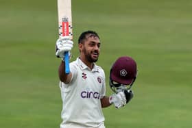 A delighted Saif Zaib celebrates his century for Northants against Surrey at the County Ground