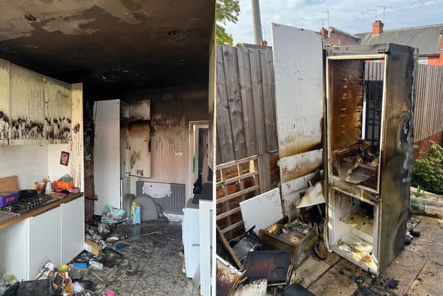The result of a fridge freezer catching on fire in Glasgow Street, Northampton.