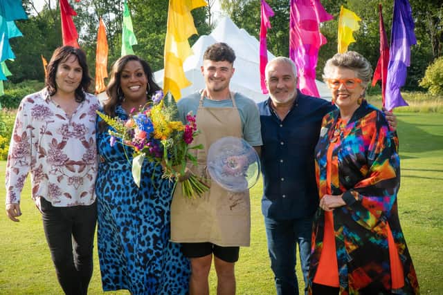 Matty with Bake Off presenters and judges Noel Fielding, Alison Hammond, Paul Hollywood and Prue Leith. Credit: Channel 4.