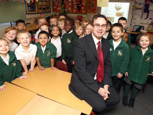 Pupils and staff from Standens Bran Primary School, Northampton, have received good SATS results. Pictured is head teacher Simon Blight, with Year 2.