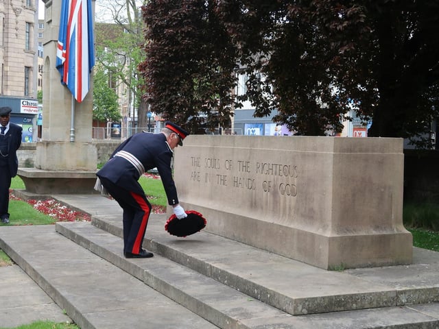 A flag raising service took place at The Guildhall, followed by service in the memorial gardens at All Saints Church, on Thursday May 8.