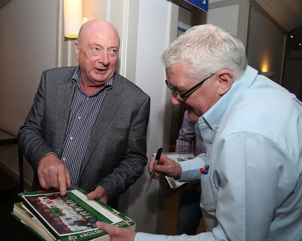 Graham Carr signs autographs during the Northampton Town 50th year Reunion to mark Season in League One  at the Park Inn on April 9, 2016 in Northampton, England.  (Photo by Pete Norton/Getty Images)