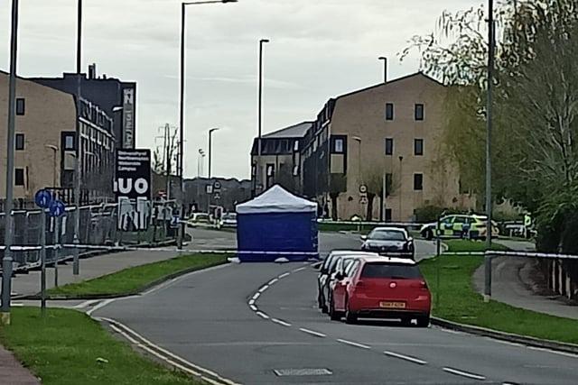 A blue tent was erected on Sunday night and remained at the scene until Monday night