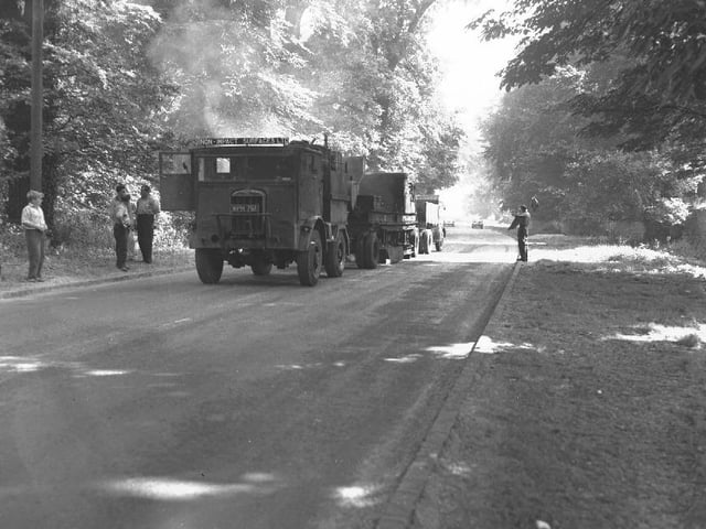 Tar spraying in Wellingborough Road, Northampton, on August 21, 1959