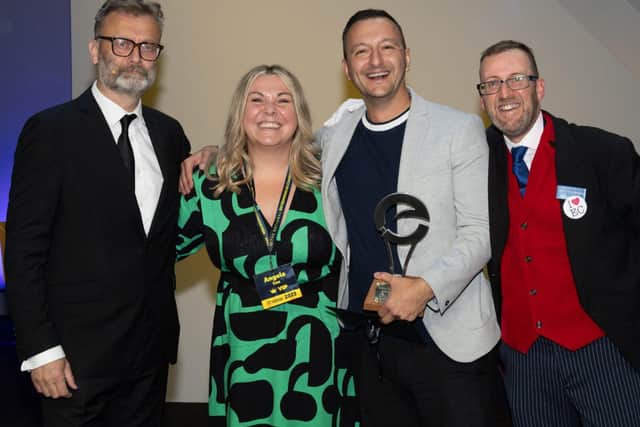 Pic l-r Hugh Dennis, Angela Cox (last year's winner), Sam Stawarz and Matt "The Butler" from EC.