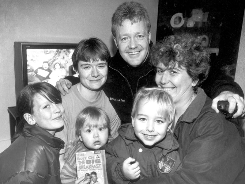 Keith Chegwin with Big Breakfast holiday winners. Dawn Gardner and family 1993