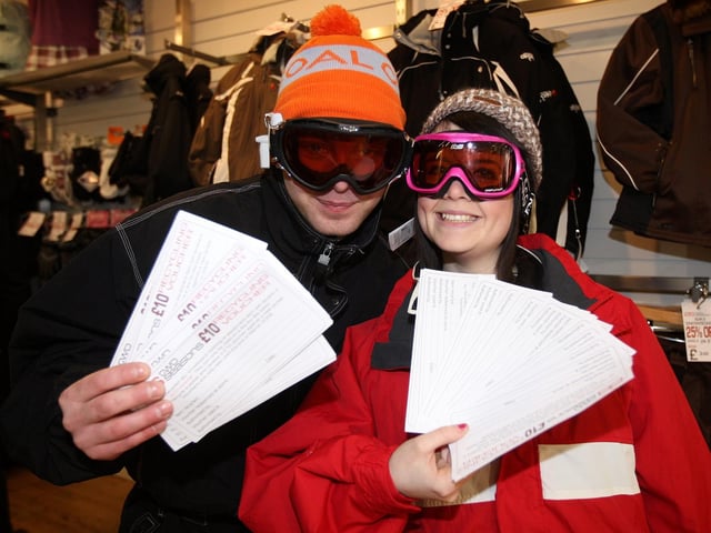 Two Seasons celebrating its 25th anniversary with a charity 'cash for clobber' event where people can swap therir old skigear for vouchers. Pictured: Emlyn Stevens, sales assistant and Charlotte Walker-Collins, sales assistant in 2008