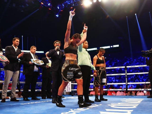 Chantelle Cameron celebrates and Jessica McCaskill hangs her head in disappointment after the Northampton fighter was declared the undisputed world champion (Picture: Francois Nel/Getty Images)
