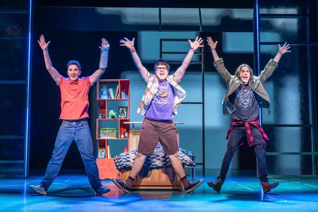 Ryan Kopel as Evan Hansen wtih Tom Dickerson as Jared Keinman and Killian Thomas Lefevre as Connor Murphy. Photo Marc Brenner
