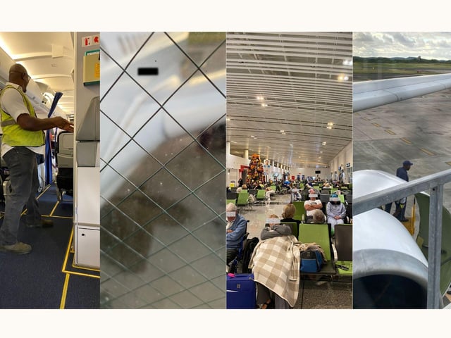 Passengers and engineers pictured around malfunctioning Maleth Aero plane chartered by P&O and VC Bird International Airport.