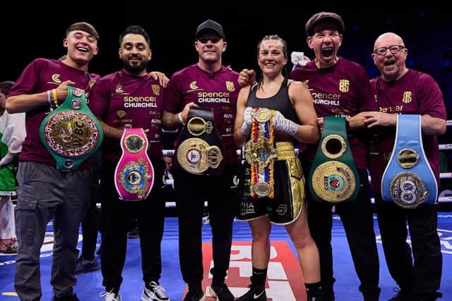 Chantelle Cameron and her team celebrate the Northampton star's win in Dublin in May (Picture: Mark Robinson / Matchroom Boxing)