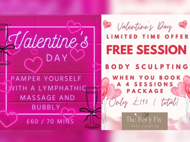 Non-surgical and non-invasive body contouring treatments are cheaper this Valentine’s at The Body Fix. Choose a lymphatic massage and bubbly or get a free session when you pre-book four sessions, exclusively this holiday. For more search ‘The Body Fix’ on Facebook or ‘The_Body_Fix’ on Instagram. Email: thebodyfixbyangela@gmail.com Phone: 07791153385