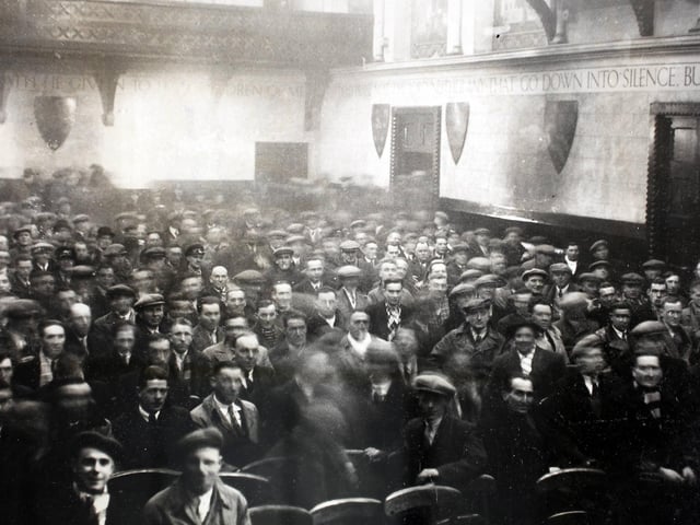 A meeting by strikers to decide further action in the United Bus Company bus strike in Northampton, in progress at County Hall, Northampton. (Photo by Hulton Archive/Getty Images)