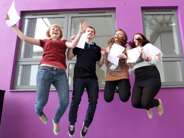 2012 - A level results at Weston Favell Academy, Booth Lane North, Northampton. L-R Kelly Hasker, Sam Travill, Hannah Workman and Kirsty Lyon.