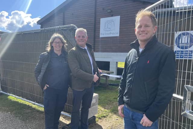 Marina manager Georgina Wickham with MP Stuart Andrew and director Ben Skinner