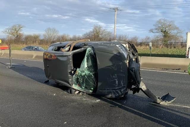 The car flipped on the M1 near Northampton on Saturday (December 14). Photo: X/Northants Roads Policing Team.