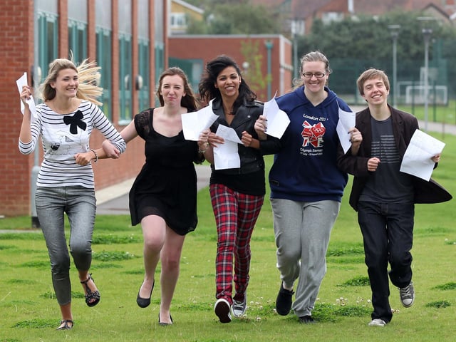 2012 - A level results at Northampton School for Girls, Spinney Hill Road, Northampton. L-R Annie Stausa, Stephanie Knight, Shalin Victor, Vicki Cooke and Joe Daly.
