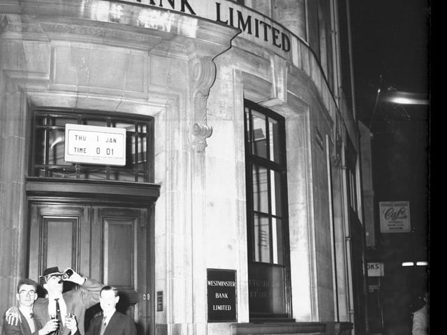 January 1, 1959 new year celebrations outside Westminster Bank, now Nationwide, corner of Drapery and Mercer's Row, Northampton