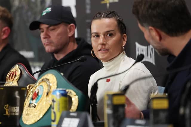Chantelle Cameron talks to Eddie Hearn at Thursday's press conference in Dublin (Picture: Mark Robinson / Matchroom Boxing)