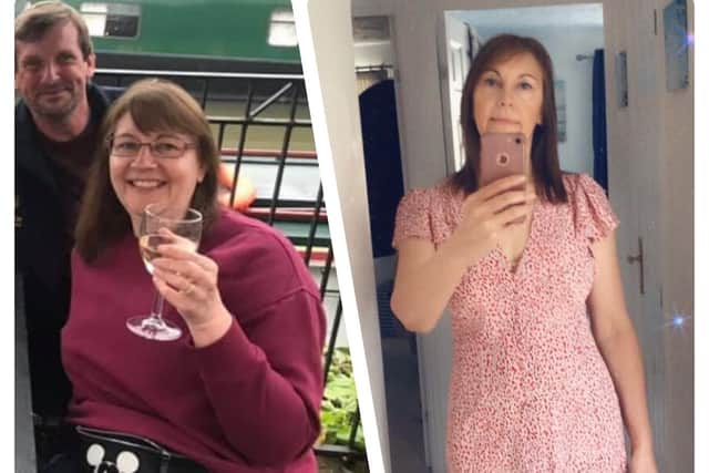 Gill Normington pictured in May 2021 (left) compared with now (right).