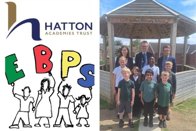 Earls Barton Primary School has joined Hatton Academies Trust- CEO Rob Hardcastle with co-headteachers Marie Lally and Ben Morris and pupils/ HAT