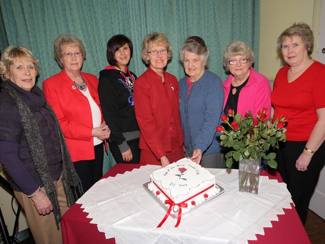 Northampton Rose of the Shire Flower Club celebrating their 20th anniversary.  Pictured: Anna Botterill, Marie Smart, Nicola Smith, Jackie Hill, chairman, Rosemary Leaver, president, Diane Ellis and Rosemary True. Pictured in 2011