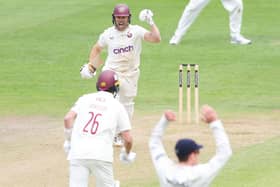 Lewis McManus celebrates after hitting the winning runs for Northanats against Gloucestershire on Monday (Picture: Jacob Hurry/Gloucestershire Cricket)