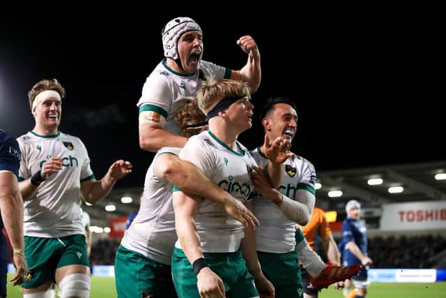 Curtis Langdon celebrating Henry Pollock's special try at Sale (photo by Jess Hornby/Getty Images)