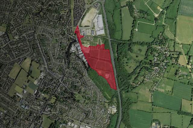The site for the proposed 320-home development, outlined in red, south of Turweston Road, Brackley.