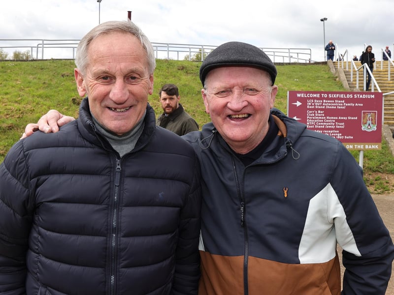 Former Northampton Town players Graham Felton and John Buchanan pose prior the Sky Bet League One match between Northampton Town and Exeter City at Sixfields on April 20, 2024 in Northampton, England. (Photo by Pete Norton/Getty Images)