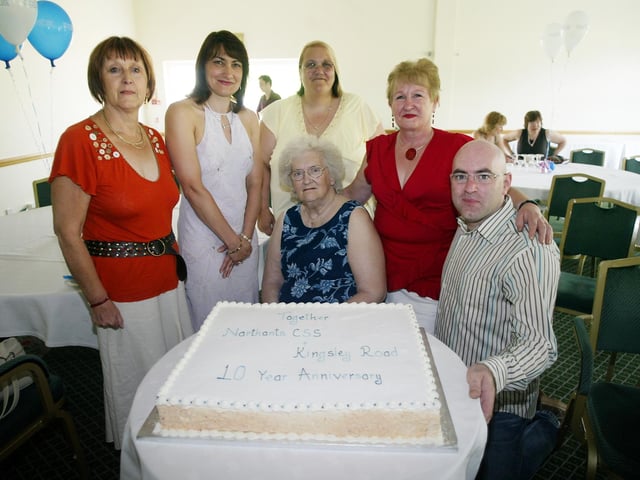 Mental health charity "together" celebrating 10 years in Northampton. Names l-r:Patricia Ward (1st Care manager), Julie Galkowski (co-manager), Joan Wafer (yellow, Client Co-ordinator), Glennis Kirby (sitting, 1st Client), Marie Kelly (open project manager), Darren Pocock (Manager Kingsley branch). Pictured in 2006