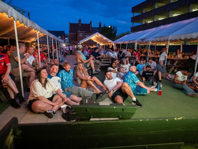 Football fans watching England vs Panama in the garden of The Black Prince in Northampton on Saturday, June 27, 2026. Photo by David Jackson.