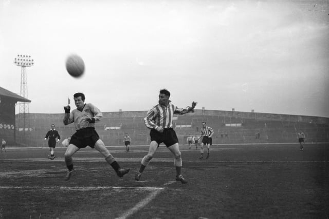 Action during the game between Sunderland Reserves and Hull Reserves at Roker Park in January 1959, with Ambrose Fogarty featuring.